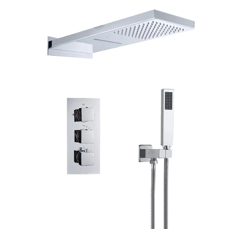 SHBSHAIMY Thermostatic Shower Faucets Bathroom Black Waterfall Shower Set Chrome Wall Mounted Three Ways Hot And Cold Mixer Tap
