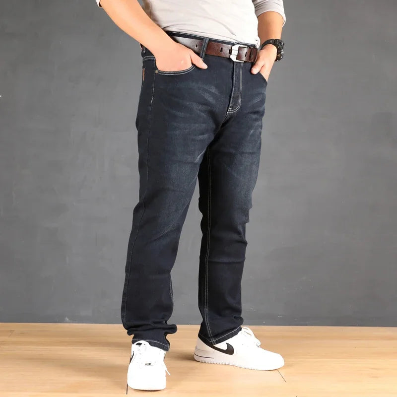 47-160KG Plus Size Men's Jeans Autumn Spring Black Blue Pants Straight Business Loose Long Trousers Cotton Jeans Male Clothing