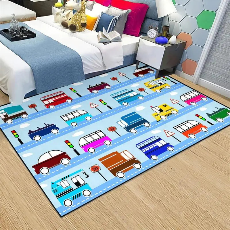Construction Car Print Area Rug Washable Carpets for Kids Bedroom Living Room Kitchen Entrance Mat Non Slip Flannel Mats