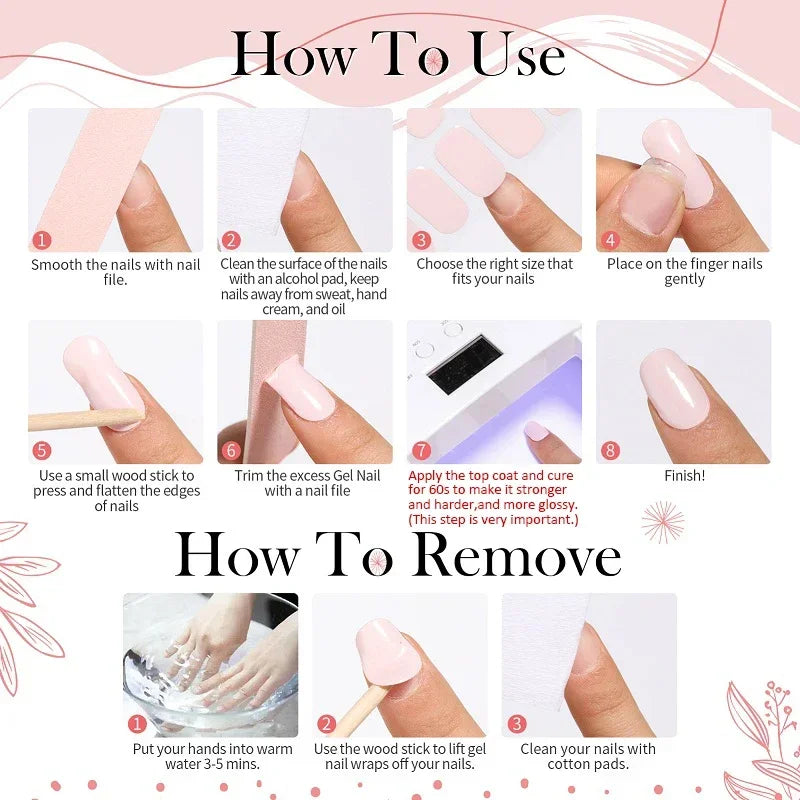 16/22 Tips Semi Cured Gel Nail Stickers for UV Lamp Designer Adhesive Nail Gel Wraps DIY Long-lasting  Nail Decoration