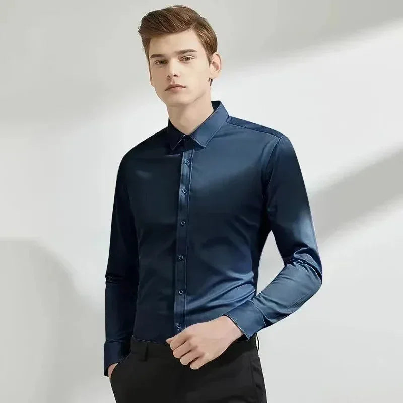 55-105KG Men's long sleeved elastic shirt, non ironing business dress, professional work attire, stand up collar shirt