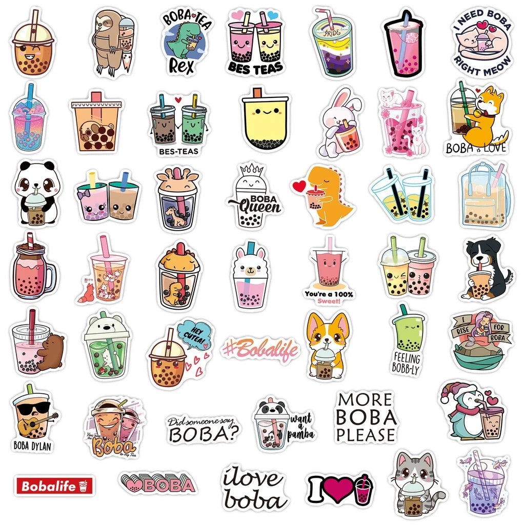 50PCS Cute Cartoon Pearl Milk Tea Stickers Pack For Stationery Luggage Laptop Decal Kids Gift