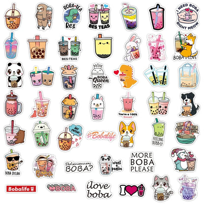 50PCS Cute Cartoon Pearl Milk Tea Stickers Pack For Stationery Luggage Laptop Decal Kids Gift