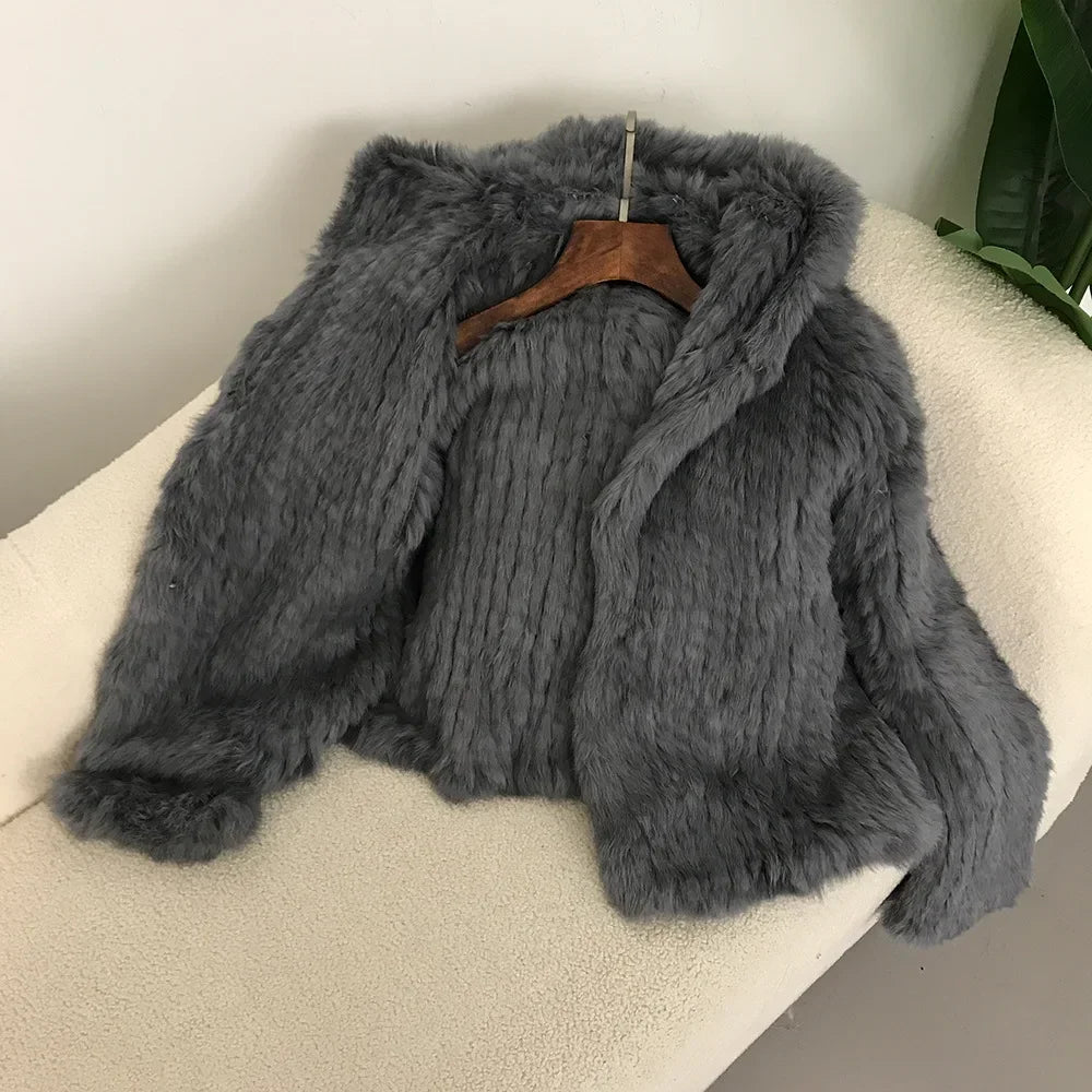 2024 Short Rabbit Fur Coat for Women Autumn Winter New Encrypted Thickened Handmade Double-sided Woven Hooded Korean Style