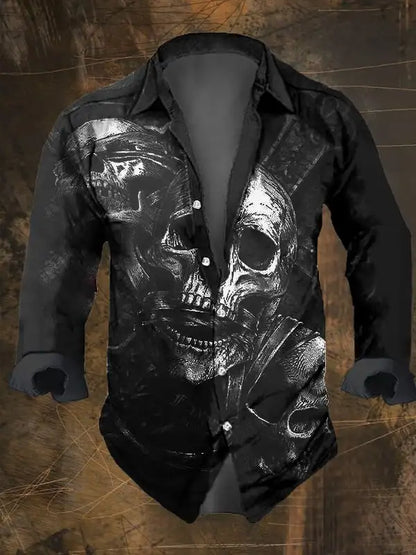 Halloween Men's Dark Skull Prints Casual Long Sleeve Shirt-Vintage Skull Floral Print,Regular Fit,Lapel Collar, Polyester Blend