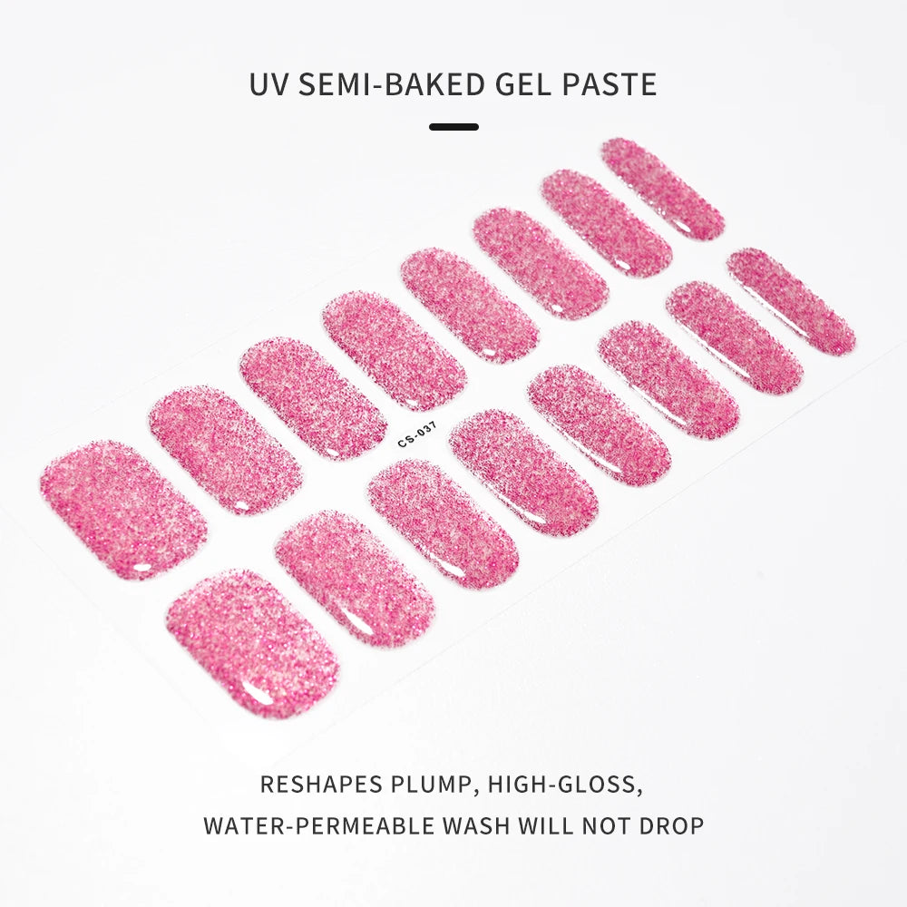 16Tips UV Semi-Cured Gel Nail Wraps Sticker 5D Pure Color Full Cover UV Lamp Gel Sticker Long-Lasting Nail Extension Patch Strip