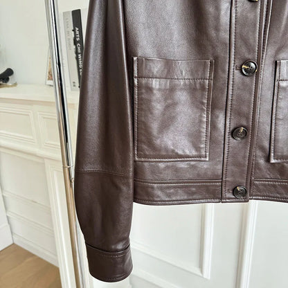 British Style Lapel Genuine Leather Jackets for Women Fashion Single-breasted Pockets Female Brown Casual Short Sheepskin Jacket