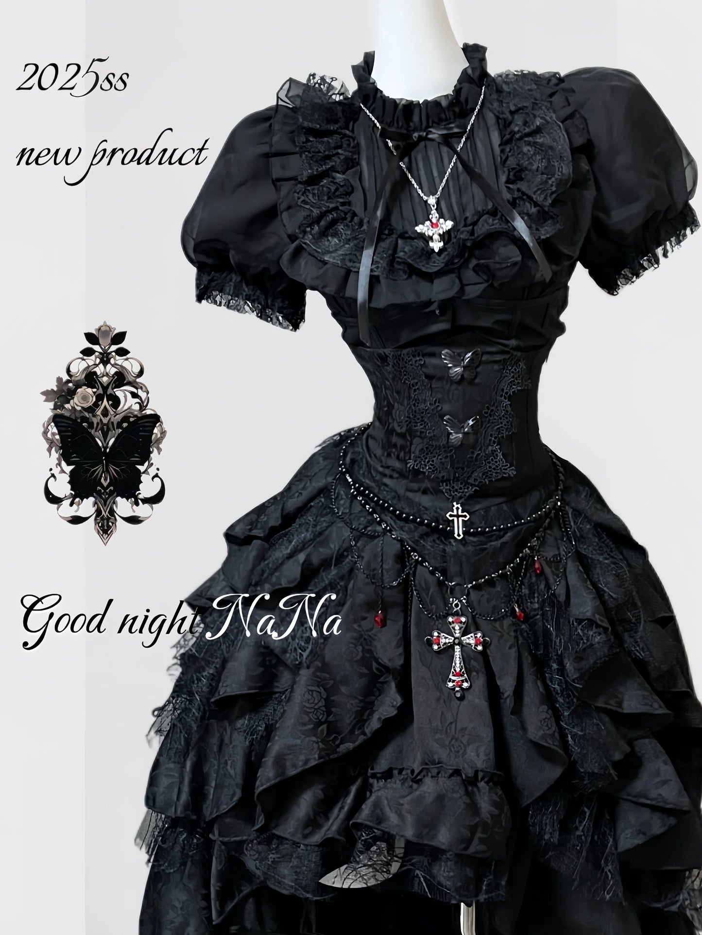 Gothic Dark Black Vintage Lace Blouse Retro Punk Light Lolita Short Sleeves Lace-up Slim Top and Multi Layers Skirt Set 2pcs Set