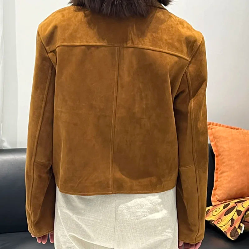 European Imported Kid Suede Leather Jacket for Woman High Grade Turn Down Collar Pocket Short Cropped Coat Long Sleeve Top Mujer