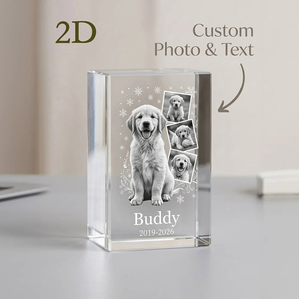 Personalized Custom Pet Memorial Crystal Block,Photo Collage,2D Laser Etched,Pet Loss Gift,Non-Fading Engraving,Tabletop Display