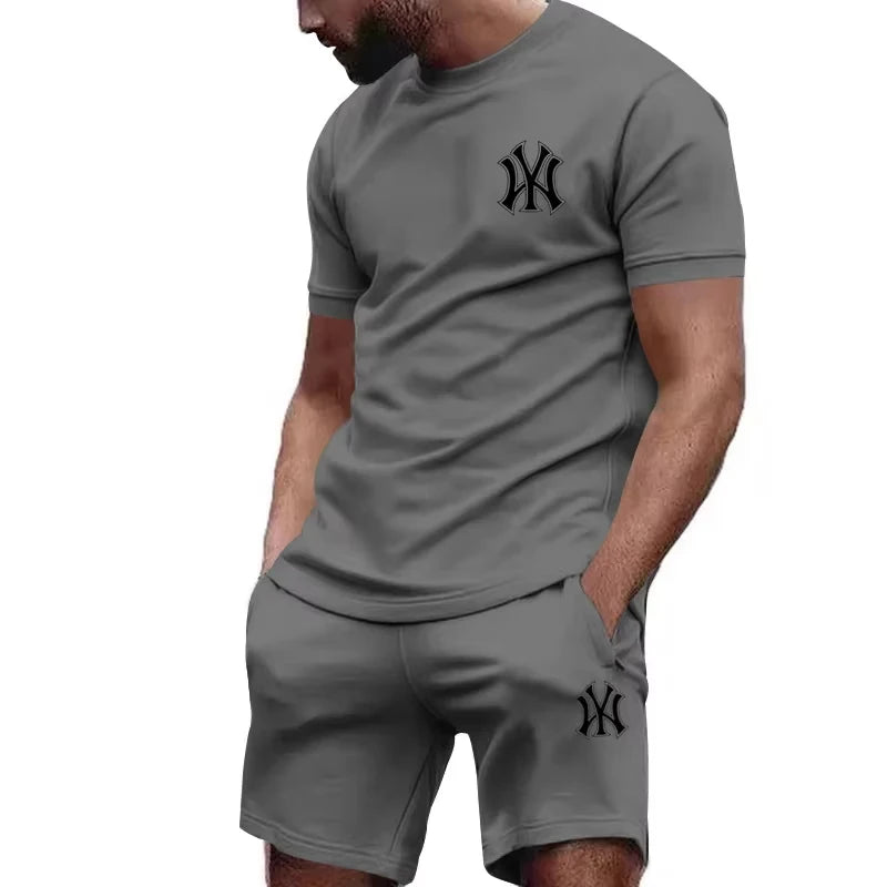 New hot selling 2026 men's two-piece sportswear short sleeved T-shirt and pants set running and fitness sportswear summer