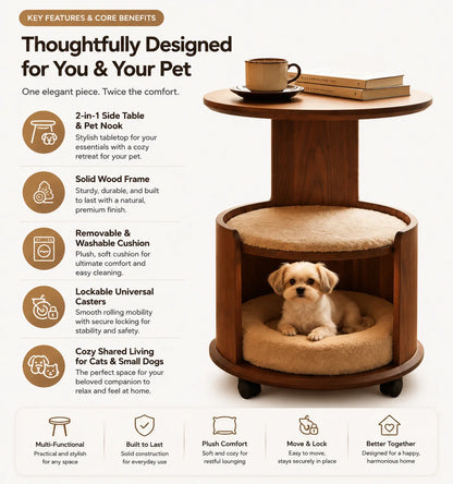 Wooden Pet Side Table Bed Combo with Removable Plush Cushion Smooth Rolling Casters for Cats Small Dogs Home Furniture