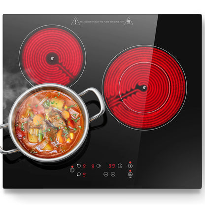 2-Zone Ceramic Hob, 3000W with Child Lock, 9 Heat Levels, 1-99min Timer, Black (CE Certified)