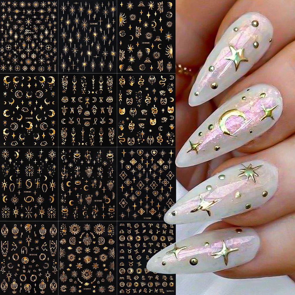 12Pcs 3D Gold Star Moon Sun Nail Stickers 10*8cm Y2K Starlight Self-adhesive Nail Decals Snake Cat Slider DIY Manicure Accessory