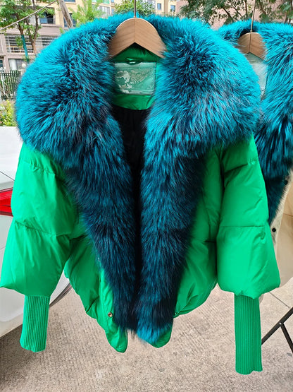 Oversized Winter Warm Real Fox Fur Collar Black Down Coat Women Puffer Outerwear Jackets 2024 Autumn Winter