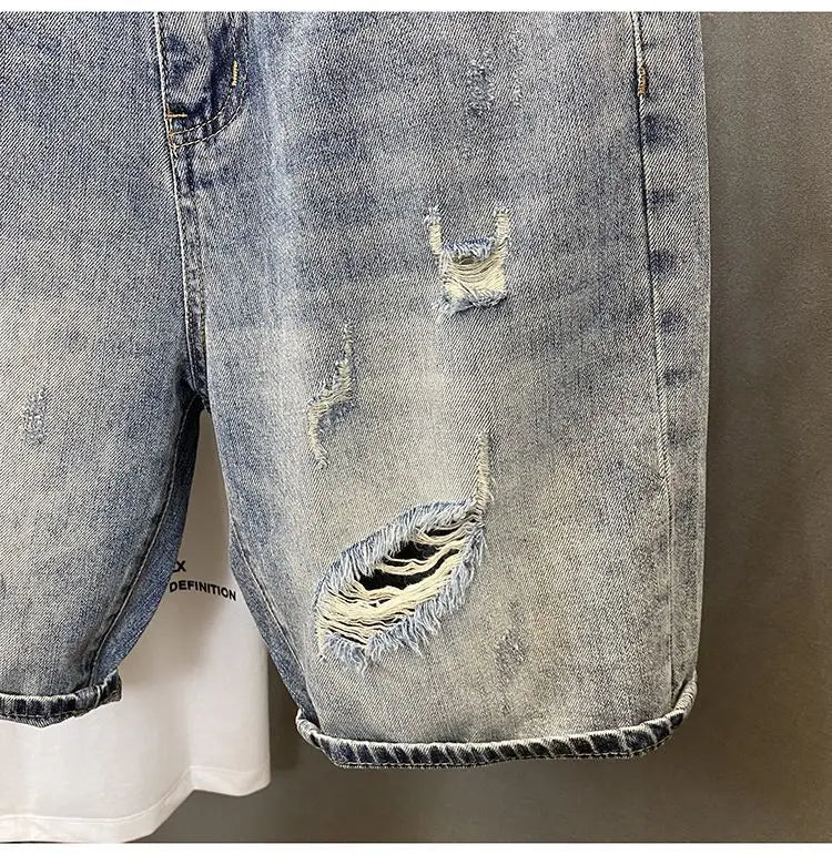 Summer Trendy Brand Handsome Denim Shorts Men's Washed Embroidered Patch Trendy Short Pants Ripped Slim-fit Elastic Middle Pants