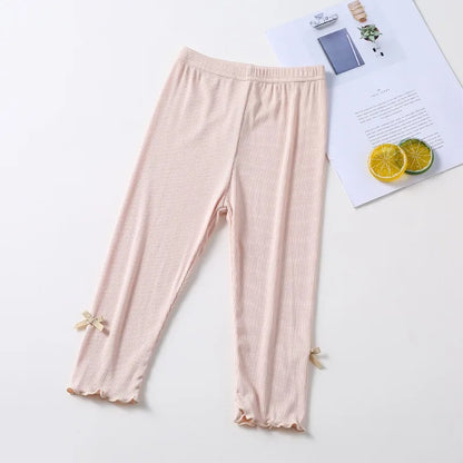 Summer 2026 kids Cropped Leggings Baby Girls Vintage Stripes Elastic Slim Lace cuffs Pants Leggings High Waist Girls Clothing