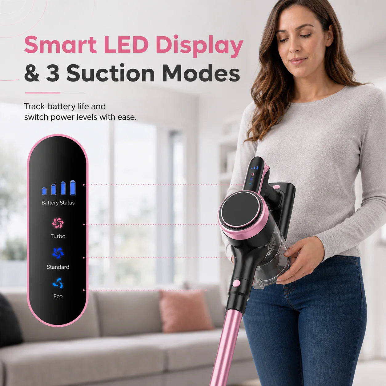 Cordless Vacuum Cleaner, 55KPa Powerful Suction, 45Mins Runtime, Self-Standing Stick Vacuum with 1.5L Dust Cup, 3 Suction Modes for Home Floor,Pet Hair and Carpet