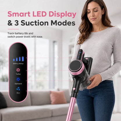 Cordless Vacuum Cleaner, 55KPa Powerful Suction, 45Mins Runtime, Self-Standing Stick Vacuum with 1.5L Dust Cup, 3 Suction Modes for Home Floor,Pet Hair and Carpet