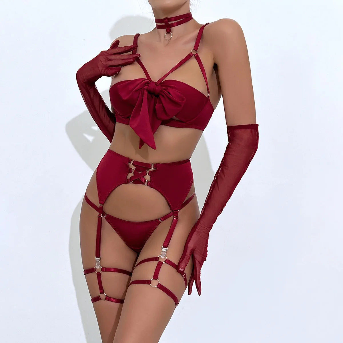 sexy lingerie set Bow bra Black Temptation Bra Set Belt Hollowed Out Gathering Four Piece underwear women Set Erotic Sleepwear