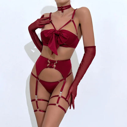 sexy lingerie set Bow bra Black Temptation Bra Set Belt Hollowed Out Gathering Four Piece underwear women Set Erotic Sleepwear
