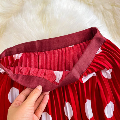 2026 Pleated Skirt Elastic Waist Polka Dot Fashion Printed Slim Pleated Skirt Women's Summer New Beach Vacation Mid-length Skirt
