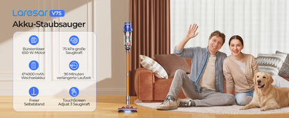 90 Min Laresar V7S 75000PA 650W Cordless Vacuum Cleaner Handheld Long Runtime Removable Battery Smart Display Home Appliance