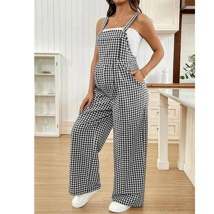 Maternity Overalls Spring/Summer Casual Checkered Jumpsuit Loose-Fit Maternity Overalls
