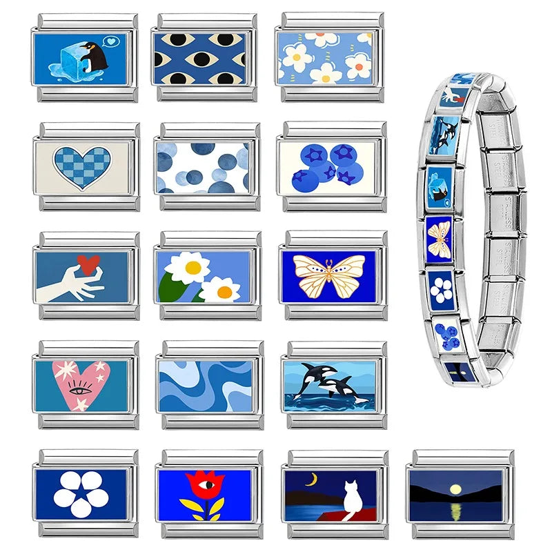 Fashion Blue NO.8 Ball Panda Elephant Cat Flower Italian Charms Fit 9mm Stainless Steel Women Fashion Bracelet DIY Jewelry Gifts