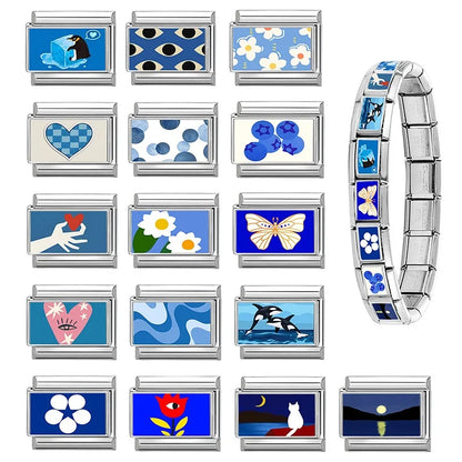 Fashion Blue NO.8 Ball Panda Elephant Cat Flower Italian Charms Fit 9mm Stainless Steel Women Fashion Bracelet DIY Jewelry Gifts