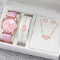 5/6PCS Fashion Women's Quartz Watch Leather Band Analog Wrist Watches Heart Rhinestone Jewelry Set(Without Box)