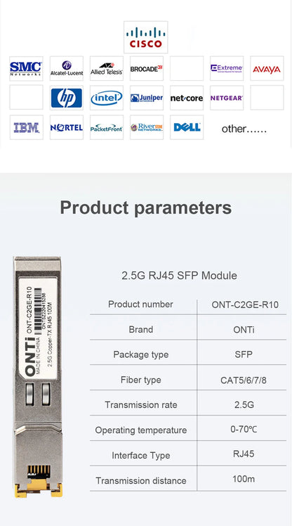 ONTi 2.5G RJ45 SFP Module 2.5Gbps SFP Copper RJ45 SFP Transceiver Module Compatible with Cisco/Mikrotik Ethernet Switch
