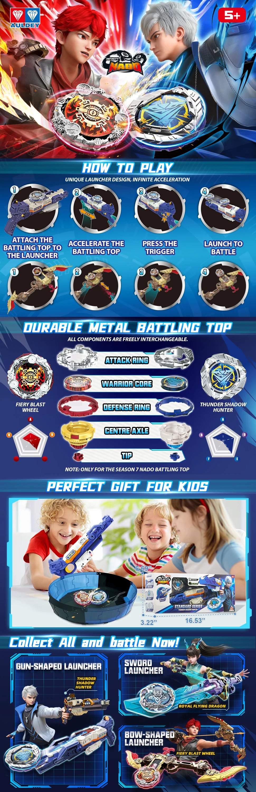 INFINITY NADO S7 Battle Top with Bow Launcher Infinite Acceleration, Metal Defense Type Battle Toy, Right-Spinning Top Game Toys