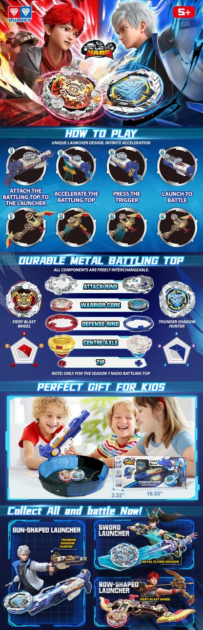 INFINITY NADO S7 Battle Top with Bow Launcher Infinite Acceleration, Metal Defense Type Battle Toy, Right-Spinning Top Game Toys