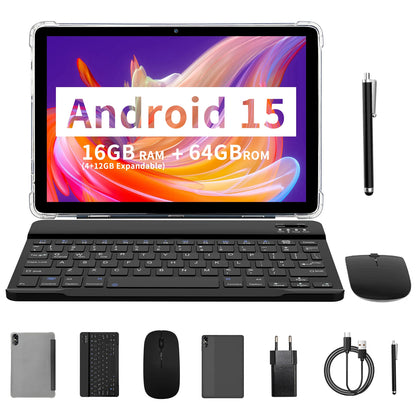 10.1" Android Tablet with Octa-core Processor 16GB(4+12GB Virtual) RAM 64GB ROM HD IPS Touchscreen, Wi-Fi 6, BT 5.0, Dual Camera