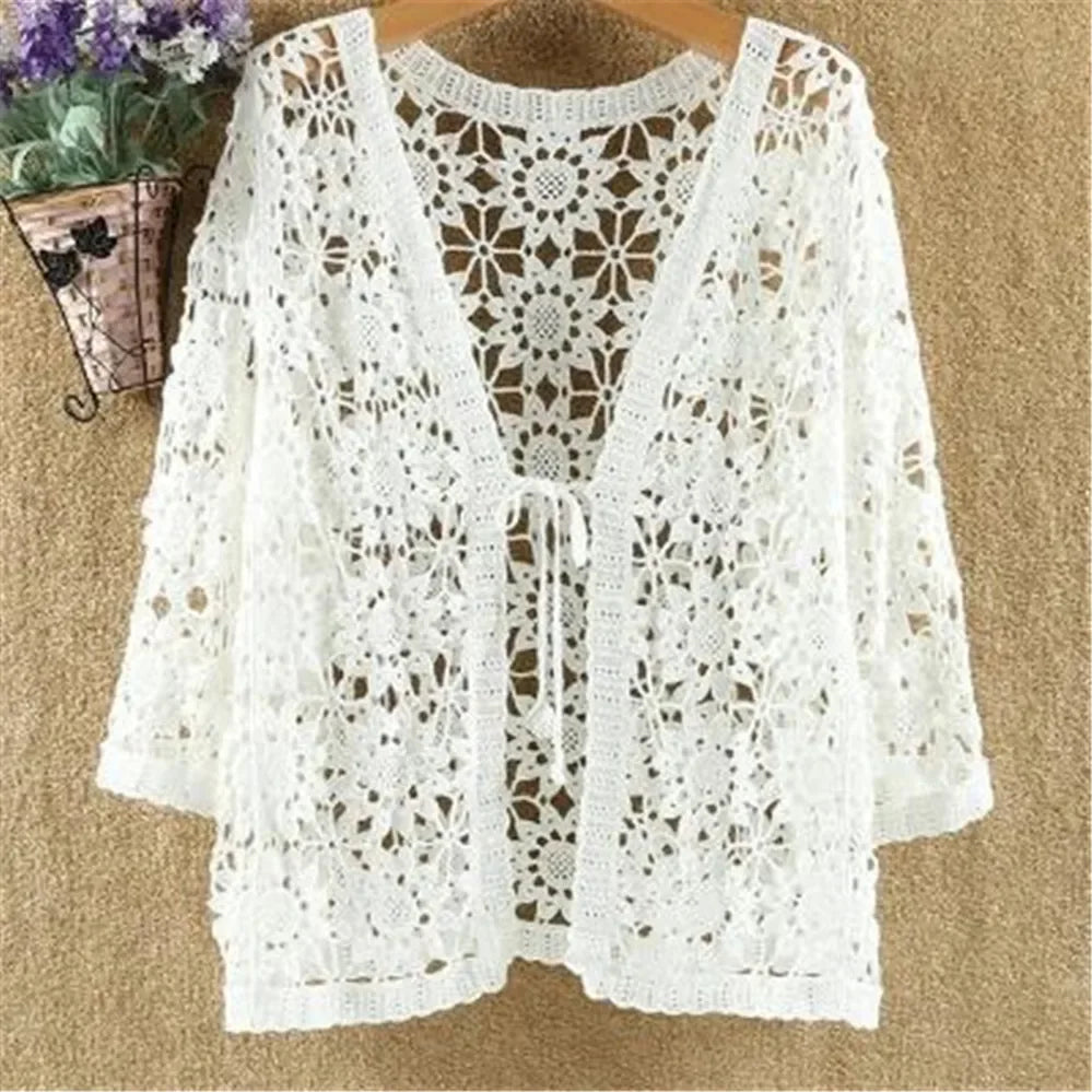 Elegant Summer Hollow Lace Cardigan Sweater Women Wide Loose Floral Knitted Sweater Thin Section Female Spring Autumn Cardigan