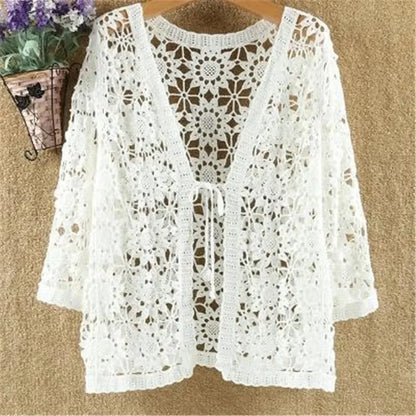 Elegant Summer Hollow Lace Cardigan Sweater Women Wide Loose Floral Knitted Sweater Thin Section Female Spring Autumn Cardigan
