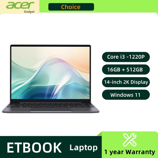 Acer Gadget e10 ETBook žaidimų nešiojamasis kompiuteris „Intel Core i3-1220P“ 16 GB RAM 512 GB SSD kompiuteris 14 colių 2K IPS ekranas „WiFi6“ „Windows 11“ nešiojamieji kompiuteriai