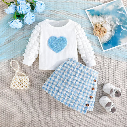 0-3Y Baby Girl Outfit Set 2pcs Puffy Sleeve Heart Shape Top and Corduroy Skirts Valentines Day Sweet Toddler Kids Clothes Girls