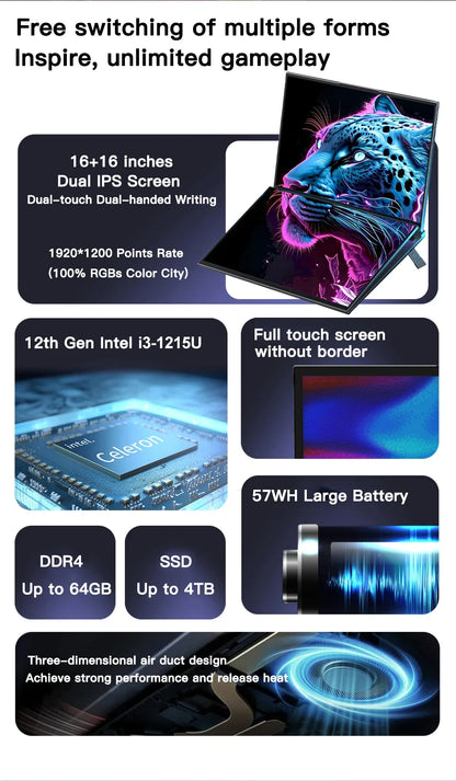 GLF-S1 Laptop 16+16 Inch Big Dual Screen Intel I3-1215U Laptop Computers Camera Windows 11 DDR4 M.2 2280 2TB WIFI Dual Notebook