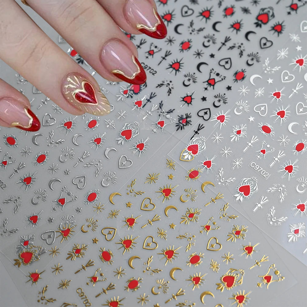 1pcs 3D Bronzing Gold Love Heart Nail Art Stickers Y2K Holographic Stars Sun Starlight DIY Nail Decals Heart Manicure Decoration