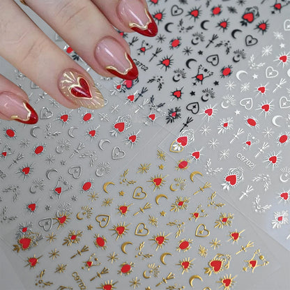 1pcs 3D Bronzing Gold Love Heart Nail Art Stickers Y2K Holographic Stars Sun Starlight DIY Nail Decals Heart Manicure Decoration