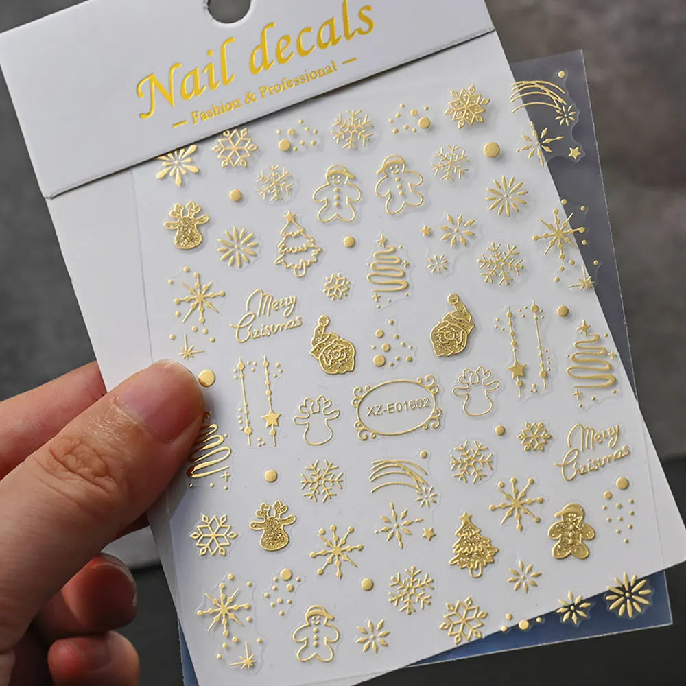 5D Embossed Gold Castle/Garland/Christmas Tree Nail Stickers White Snowflakes Bow Star Nail Decals Self-Adhesive Xmas Nail Decor