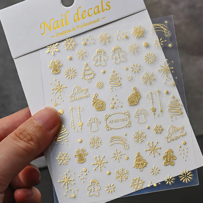 5D Embossed Gold Castle/Garland/Christmas Tree Nail Stickers White Snowflakes Bow Star Nail Decals Self-Adhesive Xmas Nail Decor