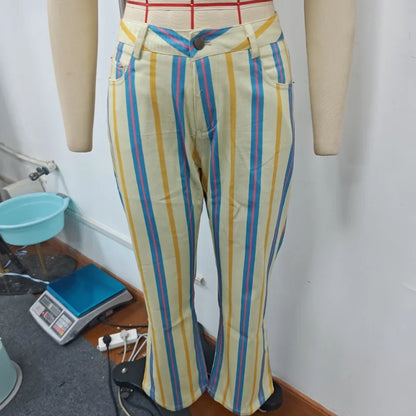Casual Striped Women's Jeans Mid-rise Single Button Pockets Lady Curved-leg Pants 2026 Spring Summer Fashion Female Trousers
