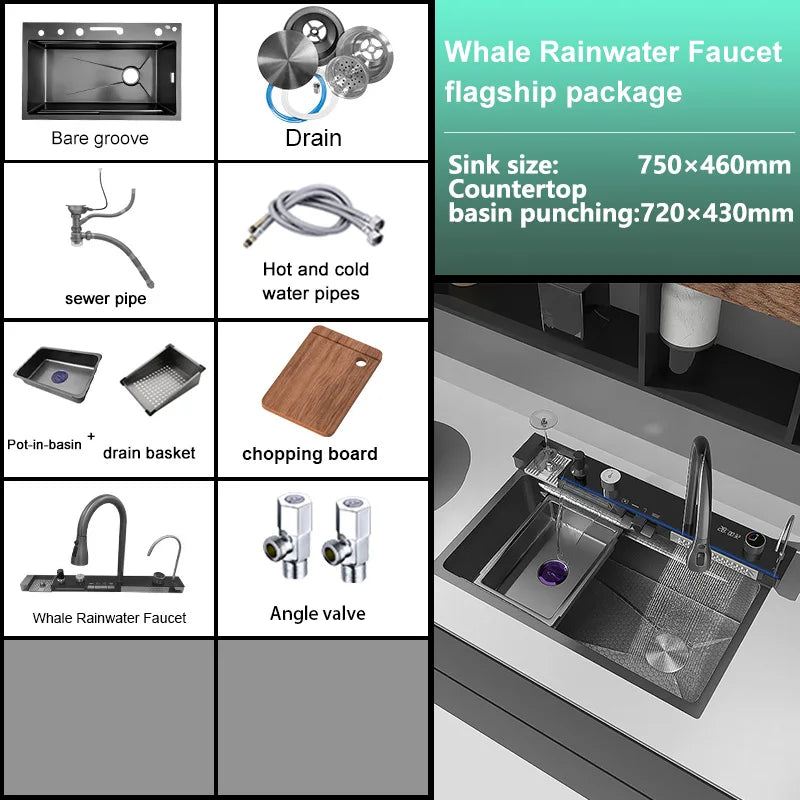 Household Waterfall Digital Display Kitchen Sink Stainless Steel Multifunction Wash Dish and Vegetables Basin Large Single Slot