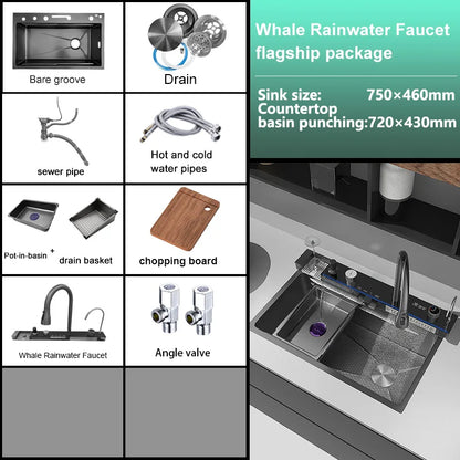 Household Waterfall Digital Display Kitchen Sink Stainless Steel Multifunction Wash Dish and Vegetables Basin Large Single Slot