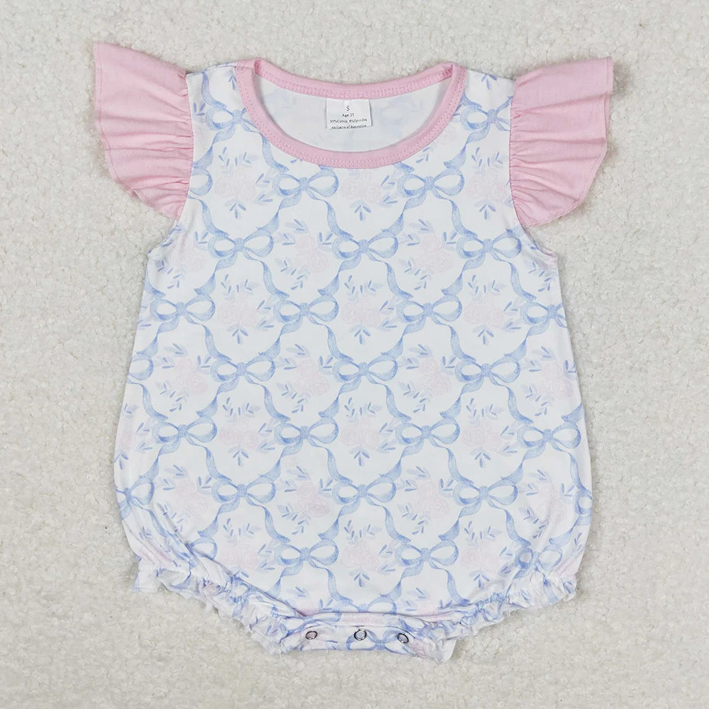New Fashion Baby Infant Girls Rompers Bow Pink Flutter Sleeve Rompers Boutique Toddler Girls Bubble Rompers Onesie Wholesale Hot