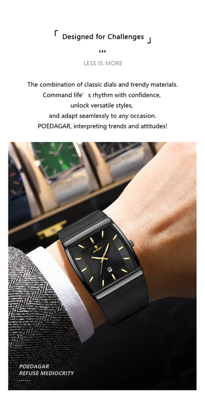 POEDAGAR Top Luxury Men Wristwatch Waterproof Luminous Stainless Steel Mesh Date Man Watch Fashion Business Quartz Men's Watches