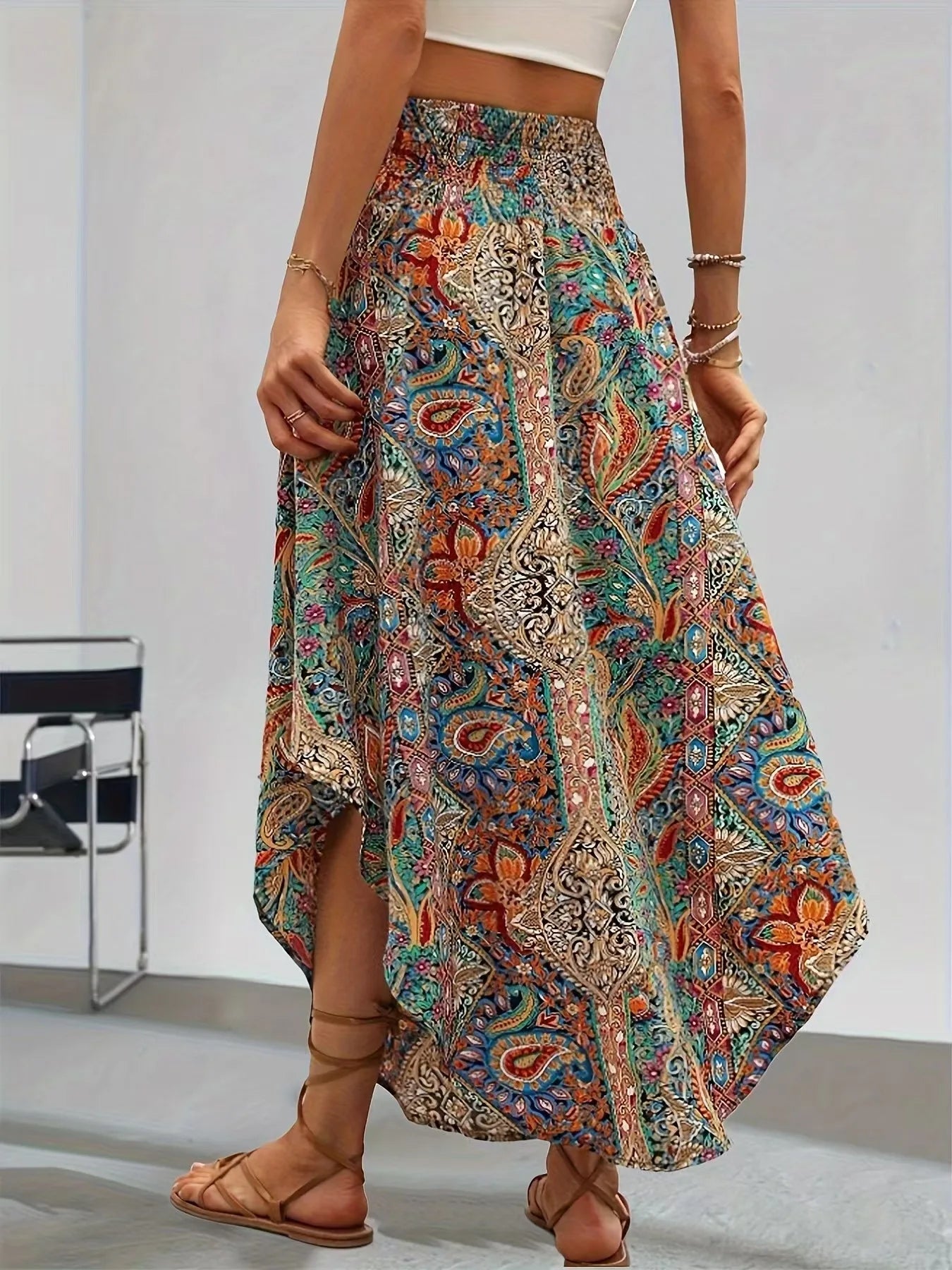 Bohemian Boho Vintage Floral Print Skirts Women Summer High Waist A-Line Pleated Elastic Long Skirts Casual Holiday Beach Skirt